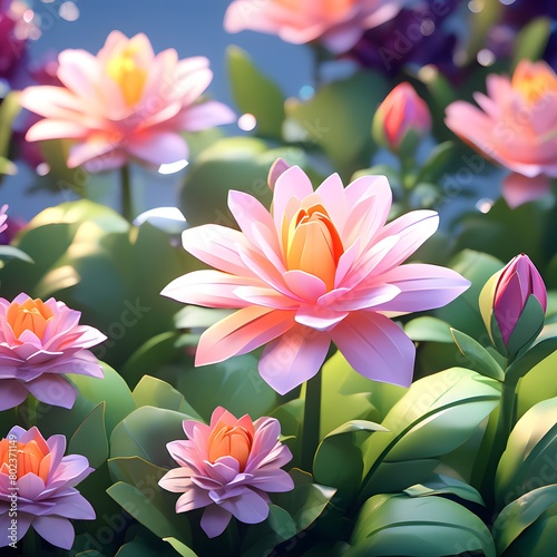 Pink water lilies. Flowers background in ethreal low poly effect.