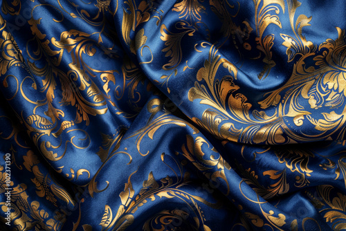 A luxurious background with a brocade fabric texture in royal blue and gold, featuring ornate patterns for a regal and opulent look. photo