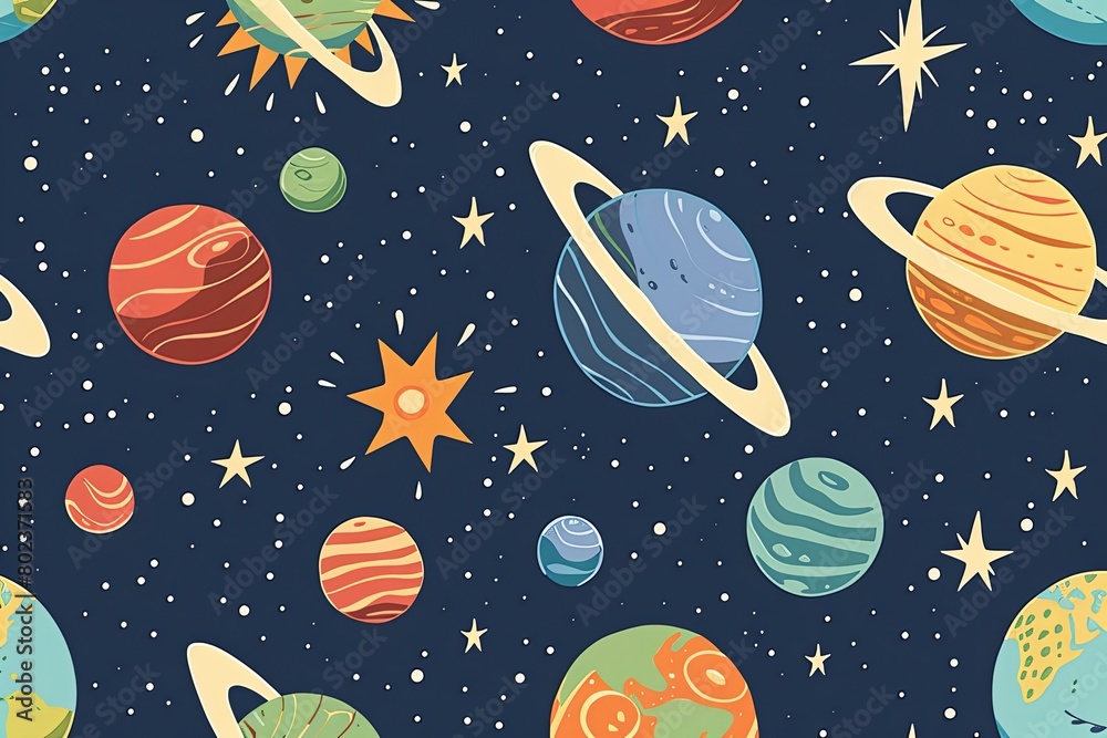 seamless pattern of cartoon planets and stars