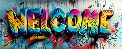 3d illustration render of a word text WELCOME is painted in rainbow colors on a colorful graffiti wall
