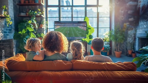 Mom's family and children are watching a football match on TV. They settled comfortably on the couch, completely immersed in the atmosphere of the game. View of the backs