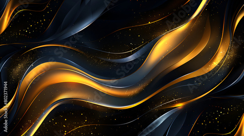 Modern and luxurious yellow background for contemporary wallpapers,A black and gold liquid wavy design at the bottom, accompanied by a gold stripe
