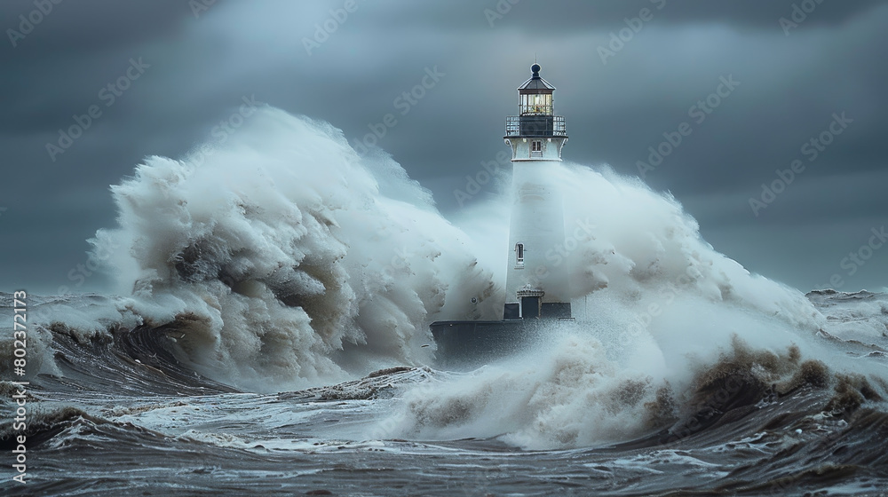 A lighthouse is in the middle of a huge wave A lighthouse is in the middle of a huge wave