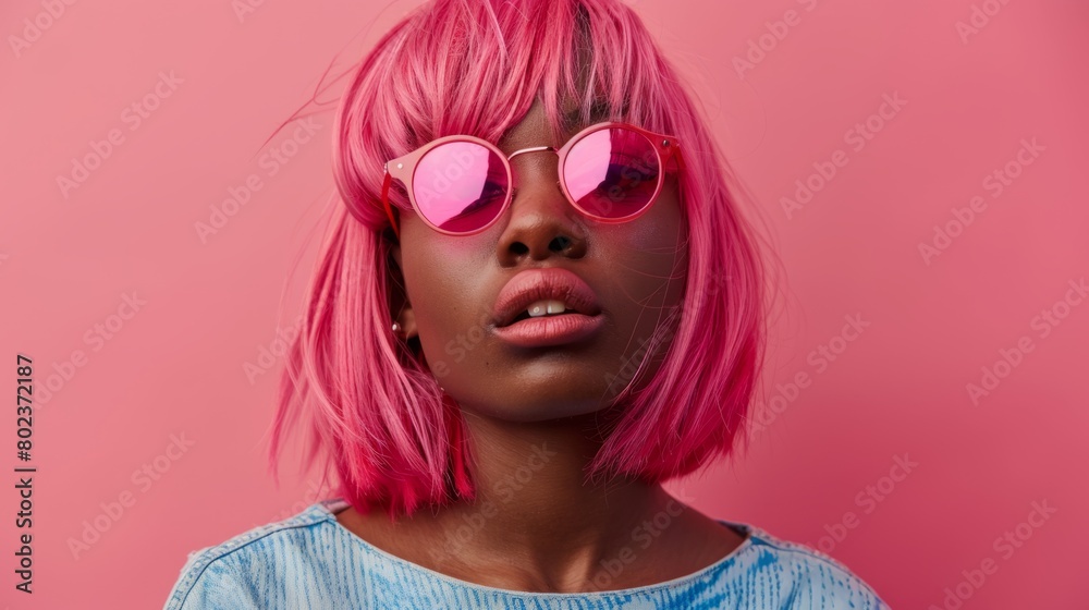 Adult Black Woman with Pink Straight Hair 1990s style Illustration.