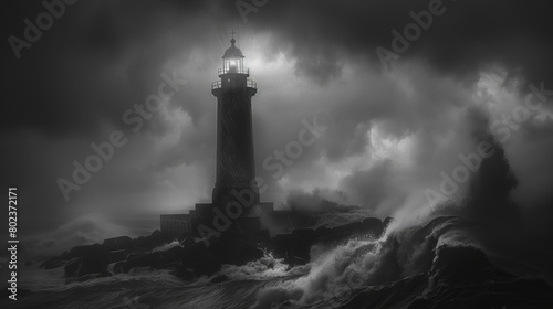 A lighthouse is shown in the midst of a stormy sea