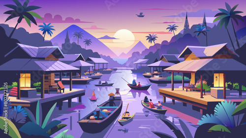 floating market in Thailand BANGKOK,THAILAND - JANUARY 30 : Damonen saduak floating market illustration Colorful Minimalist Illustration of Bangkok's Floating Market