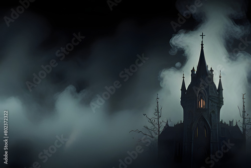 Realistic Spooky Fog Overlays Enhance the Atmosphere of a Halloween Setting.black horor scene and large building in night scene