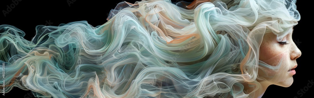 A woman standing outside with her hair blowing in the wind A woman standing outside with her hair blowing in the wind