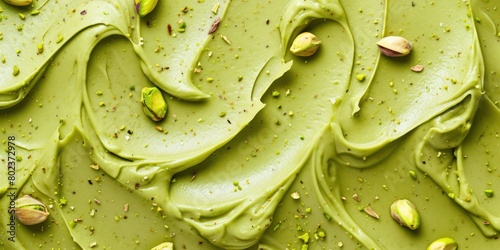 Tasty pistachio texture cream as background top view