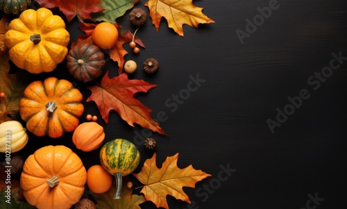 Thanksgiving Autumn decoration leaves and pumpkin on dark background