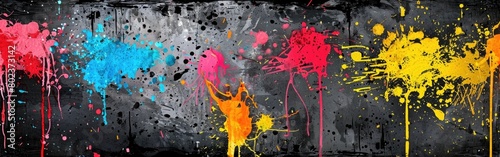 Abstract painting featuring vibrant multicolored paint splatters dispersed on a black background photo