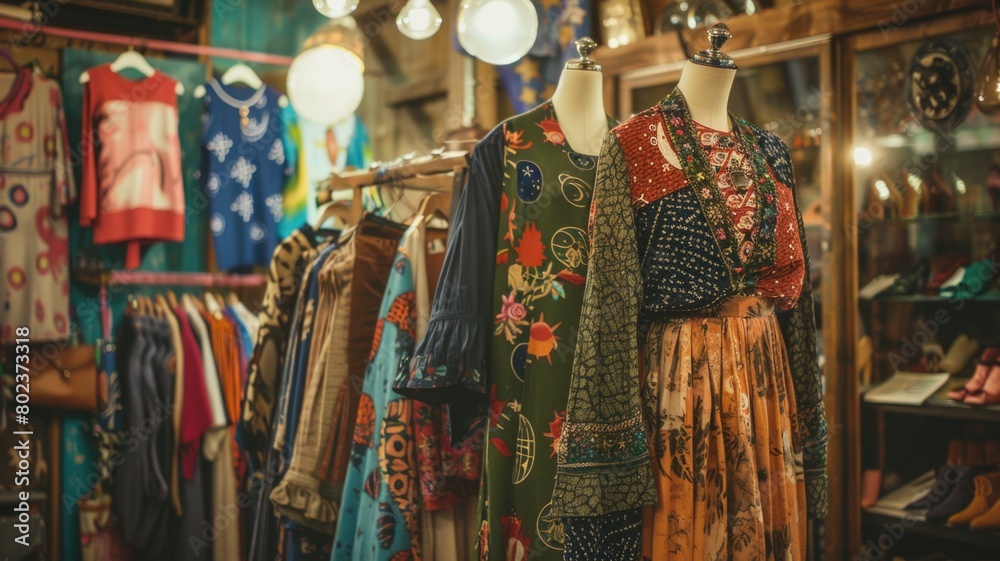 Vintage shop scene with a collection of retro clothing and accessories featuring astrology motifs, like zodiac sign scarves , arranged in an eclectic