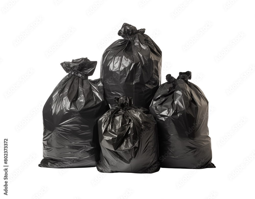 A pile of tied-up black garbage bags, neatly stacked, on a transparent background, indicating waste management. Generative AI
