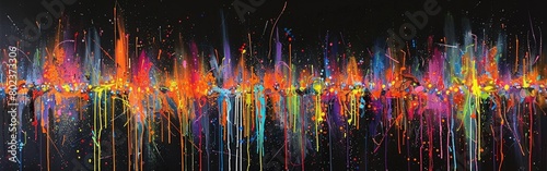 A painting featuring vibrant multicolored lines against a black background  creating a striking visual contrast