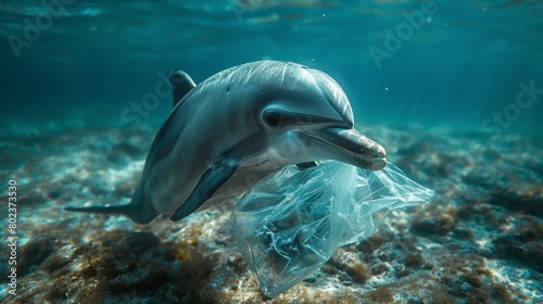 A dolphin underwater holding a plastic bag in its mouth reflects the whole environmental problem of polluting more plastic. © Emil