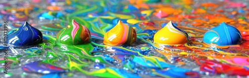Various colorful paint drops are gathered on top of a table surface