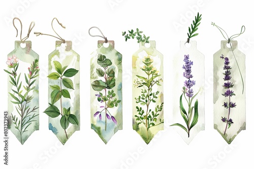 Gardening related watercolour labels featuring real herbs  photo