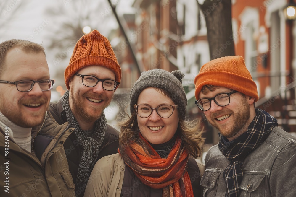 Group of friends having fun on the street in winter time. Group of friends having fun outdoors. Group of friends having fun on the street in winter time. Group of friends having fun outdoors.
