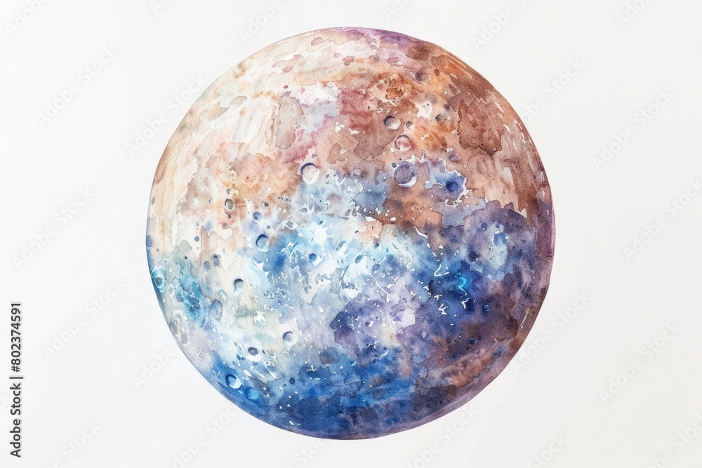 A beautiful watercolor painting of a planet with a moon in the background. Ideal for educational materials or space-themed designs A beautiful watercolor painting of a planet with a moon in the background. Ideal for educational materials or space-themed designs