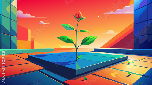 close-up side view on a black concrete surface, on it there are a small rose, lemongrass grass, a sprig of fresh green tea leaves against the backdrop of a spring garden and a dark sky, the light is c