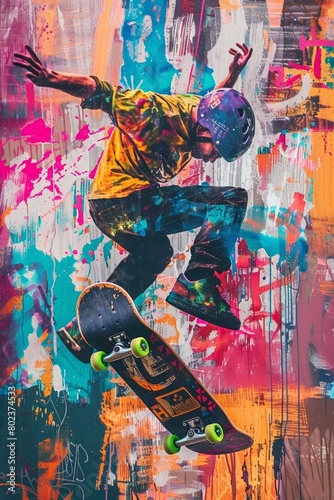 a skateboarder performing tricks against a backdrop of vibrant street art