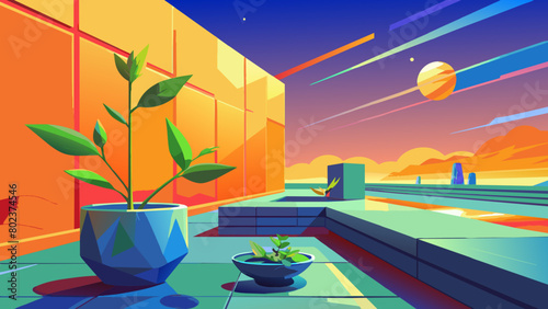 close-up side view on a black concrete surface, on it there are a small rose, lemongrass grass, a sprig of fresh green tea leaves against the backdrop of a spring garden and a dark sky, the light is c