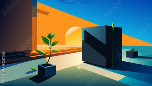 close-up side view on a black concrete surface, on it there are a small rose, lemongrass grass, a sprig of fresh green tea leaves against the backdrop of a spring garden and a dark sky, the light is c