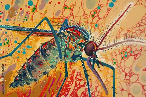Detailed painting of a mosquito on a bright yellow background, perfect for educational materials or pest control advertisements