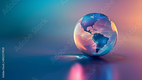 Create a sleek and modern design for a glass globe  showcasing the world against a gradient background
