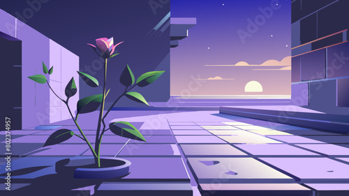 close-up side view on a black concrete surface, on it there are a small rose, lemongrass grass, a sprig of fresh green tea leaves against the backdrop of a spring garden and a dark sky, the light is c