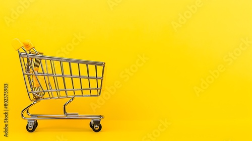 empty toy metal supermarket shopping cart over vivid yellow background