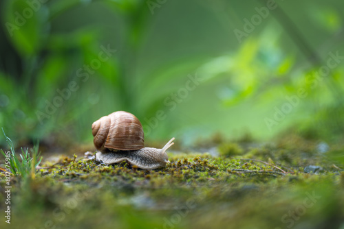 Snail crawling on the moss in the rainy forest. Shallow depth of field.