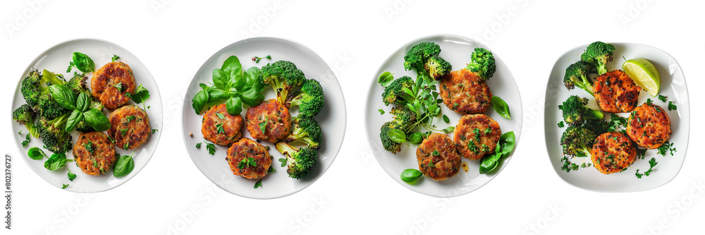 Set of A Lenten carrot cutlets with cooked broccoli in a square plate, on transparent background Set of A Lenten carrot cutlets with cooked broccoli in a square plate, on transparent background