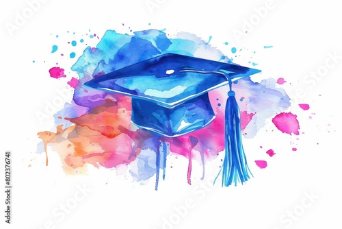 Blue graduation cap with tassel on white background in the style of watercolor hand drawn cartoon Generative AI photo