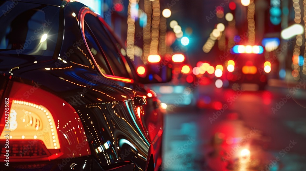 A car is driving down the street at night. Suitable for transportation concepts A car is driving down the street at night. Suitable for transportation concepts