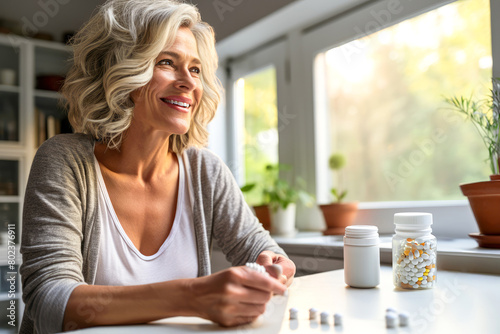 Smiling gray haired female, lady 50-year-old, in a kitchen, holds a medication capsule bottle. On background, her cozy home basks in natural light. Concept of a healthy routine in mature adulthood. photo