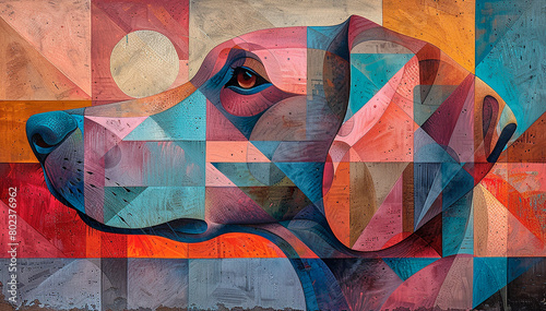 Abstract geometrical painting of dog on a wall.