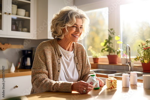 Smiling gray haired woman engages with medication in a kitchen. On background, the sunlit kitchen showcases lively greenery. Concept of embracing wellness at home, healthy routine in mature adulthood photo