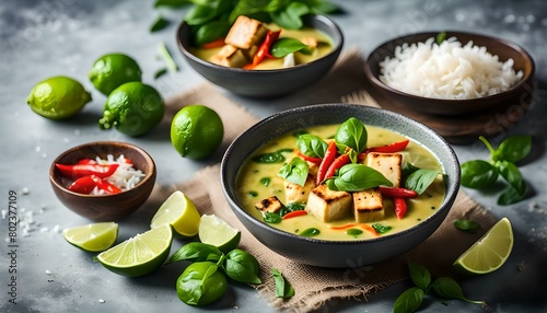 Vegetarian Vegan Thai Green Curry Soup with Fried Tofu , coconut milk, lime, chili and Sweet Basil.
 photo