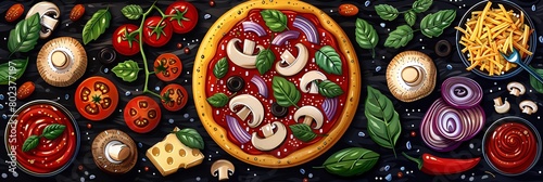 Colorful Vector Illustration of Pizza and Ingredients, Including Tomatoes, Mushrooms, Cheese, and French Fries