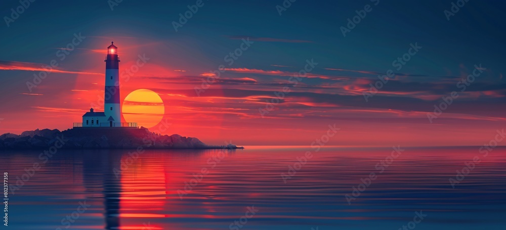 Serene Sunset at the Lighthouse with Radiant Red Sky and Calm Sea