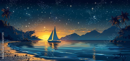 Starry Night Sky Over Tropical Beach with Sailing Yacht at Sunset