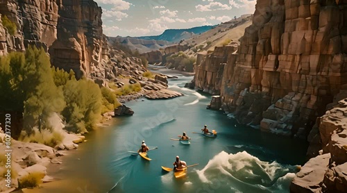 High angle view of unrecognizable people kayaking on blue narrow river flowing between rocky mountains during vacation at daytime 