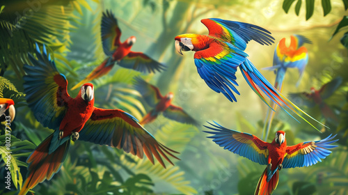 Tropical Symphony  Macaws Soaring in the Vibrant Rainforest Canopy