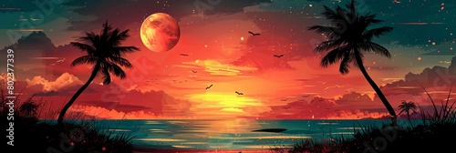  Fantastical Tropical Sunset with Giant Moon and Palm Silhouettes