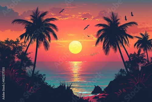 Serene Tropical Sunset with Silhouetted Palm Trees and Soaring Birds