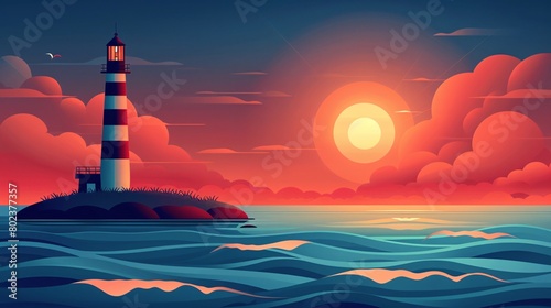 Vibrant Sunset Behind Striped Lighthouse on a Tranquil Island