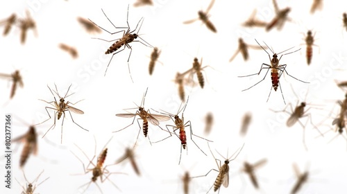 A group of mosquitoes flying through the air. Suitable for insect control or outdoor activities