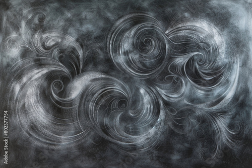 A charcoal drawing  abstract with a Thai style  featuring swirling gray tones and ethereal patterns Background
