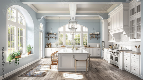 3d rendering of white kitchen with arched windows and light blue walls, large island in the center of room, wood floor, ceiling trim is white, wall paint color Garner Blue Tones, morning sun shining t photo